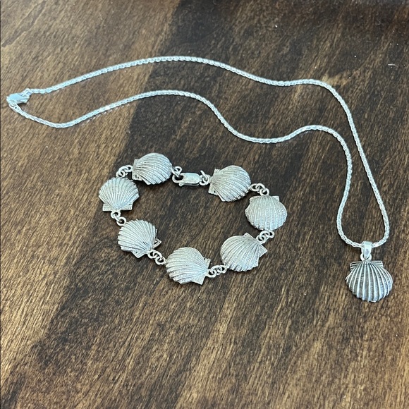Vintage Italian Sterling Silver Scallop Shell Necklace & Bracelet Set 925